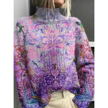 Women Floral Printing Spring/Fall Vintage Long Sleeve Turtleneck Sweater