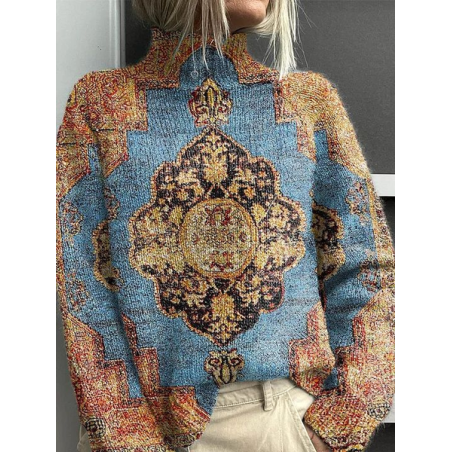 Women Ethnic Printing Spring/Fall Vintage Long Sleeve Turtleneck Sweater