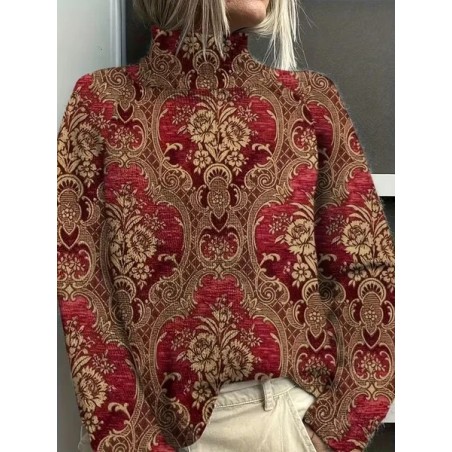 Women Floral Printing Spring/Fall Vintage Long Sleeve Turtleneck Sweater