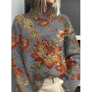 Women Floral Printing Spring/Fall Vintage Long Sleeve Turtleneck Sweater