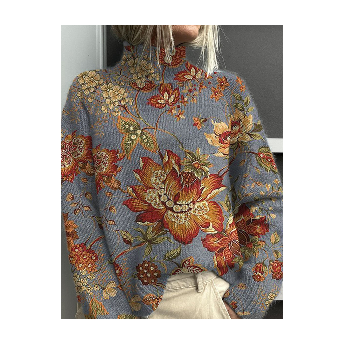 Women Floral Printing Spring/Fall Vintage Long Sleeve Turtleneck Sweater