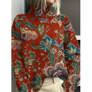 Women Floral Printing Spring/Fall Vintage Long Sleeve Turtleneck Sweater