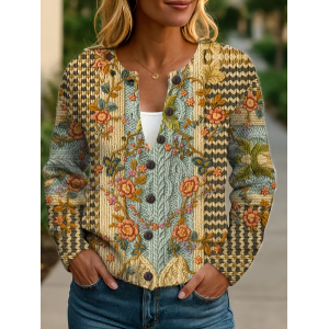 Women Floral Printing Long Sleeve Crew Neck Vintage Spring/Fall Cardigan Outerwear