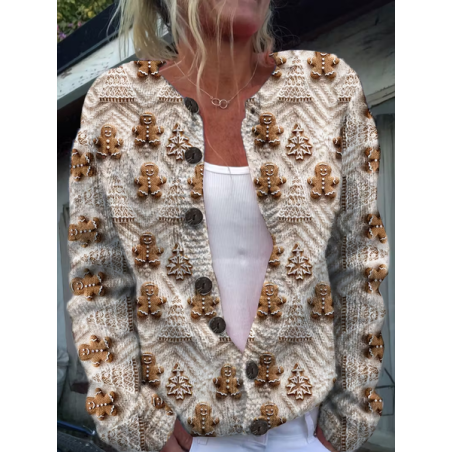 Women Christmas Printing Long Sleeve Crew Neck Vintage Spring/Fall Cardigan Outerwear