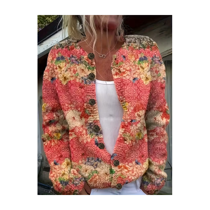 Women Floral Printing Long Sleeve Crew Neck Vintage Spring/Fall Cardigan Outerwear