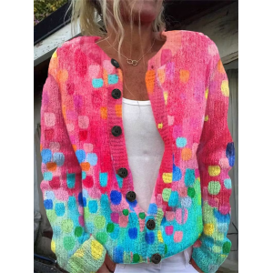 Women Abstract Printing Long Sleeve Crew Neck Vintage Spring/Fall Cardigan Outerwear