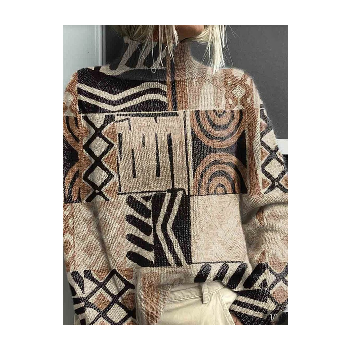 Women Geometric Printing Spring/Fall Vintage Long Sleeve Turtleneck Sweater