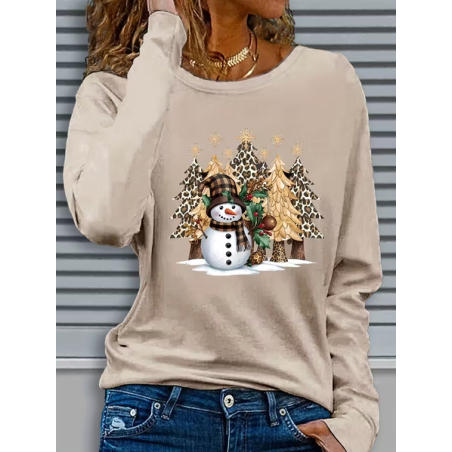 Women Christmas Snowman Long Sleeve Tee T-shirt Crew Neck Printing Casual Spring/Fall Graphic Tee Top