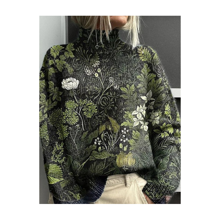 Women Floral Printing Spring/Fall Vintage Long Sleeve Turtleneck Sweater