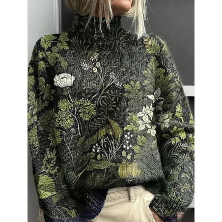 Women Floral Printing Spring/Fall Vintage Long Sleeve Turtleneck Sweater