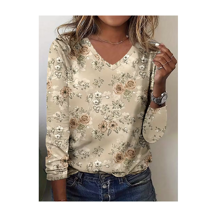 Women Floral Long Sleeve Tee T-shirt V Neck Printing Casual Spring/Fall Graphic Tee Top