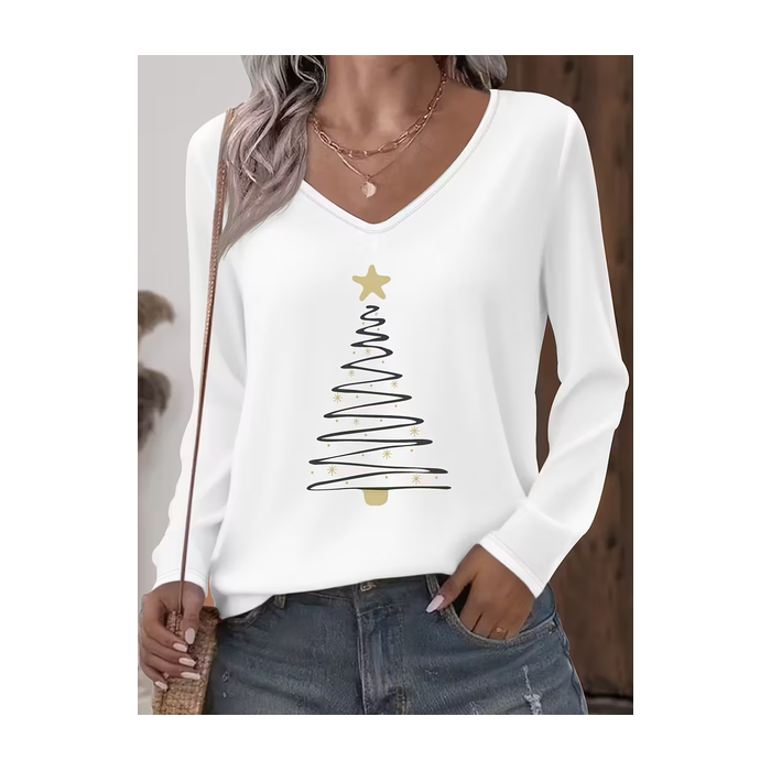 Women Christmas Long Sleeve Tee T-shirt V Neck Printing Casual Spring/Fall Graphic Tee Top