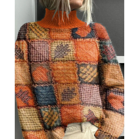 Women Maple Leaf Printing Spring/Fall Vintage Long Sleeve Turtleneck Sweater