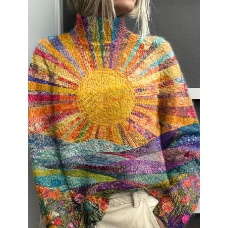 Women Abstract Printing Spring/Fall Vintage Long Sleeve Turtleneck Sweater