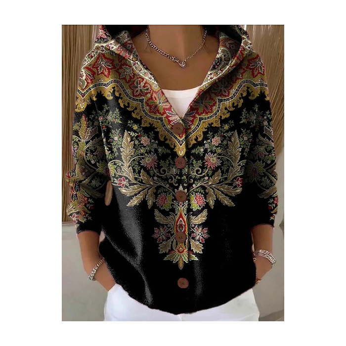 Women Floral Printing Long Sleeve Hoodie Casual Spring/Fall Cardigan Outerwear