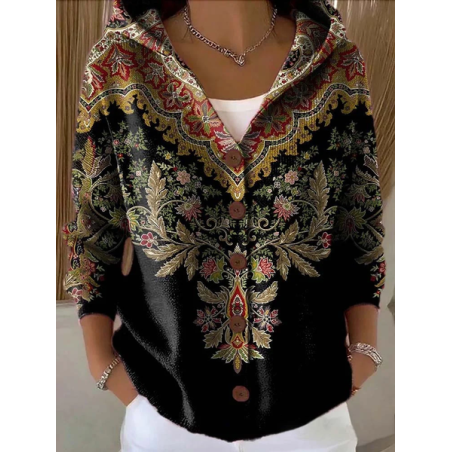 Women Floral Printing Long Sleeve Hoodie Casual Spring/Fall Cardigan Outerwear