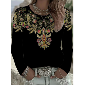 Women Floral Long Sleeve Tee T-shirt Crew Neck Printing Casual Spring/Fall Graphic Tee Top