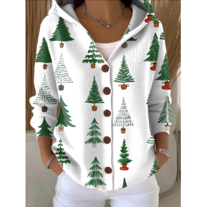 Women Christmas Printing Long Sleeve Hoodie Casual Spring/Fall Cardigan Outerwear
