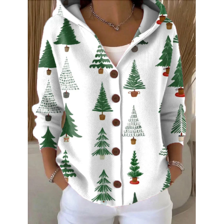 Women Christmas Printing Long Sleeve Hoodie Casual Spring/Fall Cardigan Outerwear