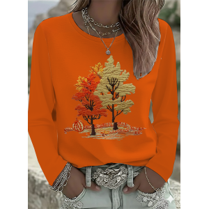 Women Maple Leaf Long Sleeve Tee T-shirt Crew Neck Printing Casual Spring/Fall Graphic Tee Top