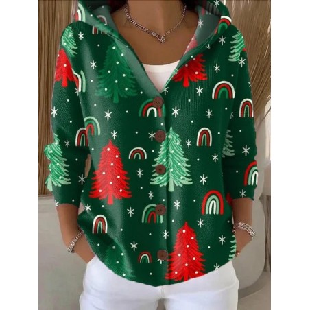 Women Christmas Printing Long Sleeve Hoodie Casual Spring/Fall Cardigan Outerwear