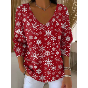Women Christmas Long Sleeve Tee T-shirt V Neck Printing Casual Spring/Fall Top