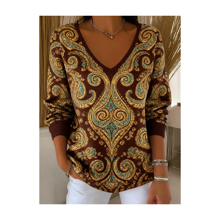Women Ethnic Long Sleeve Tee T-shirt V Neck Printing Casual Spring/Fall Top