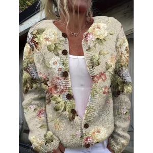 Women Floral Printing Long Sleeve Crew Neck Vintage Spring/Fall Cardigan Outerwear