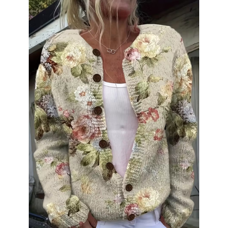 Women Floral Printing Long Sleeve Crew Neck Vintage Spring/Fall Cardigan Outerwear
