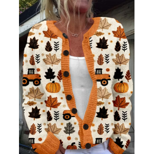 Women Maple Leaf Printing Long Sleeve Crew Neck Vintage Spring/Fall Cardigan Outerwear