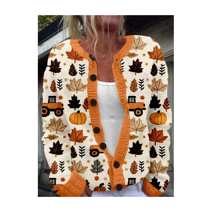 Women Maple Leaf Printing Long Sleeve Crew Neck Vintage Spring/Fall Cardigan Outerwear