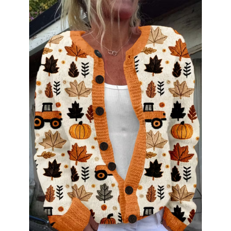 Women Maple Leaf Printing Long Sleeve Crew Neck Vintage Spring/Fall Cardigan Outerwear