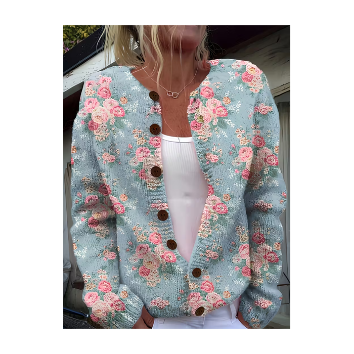 Women Floral Printing Long Sleeve Crew Neck Vintage Spring/Fall Cardigan Outerwear