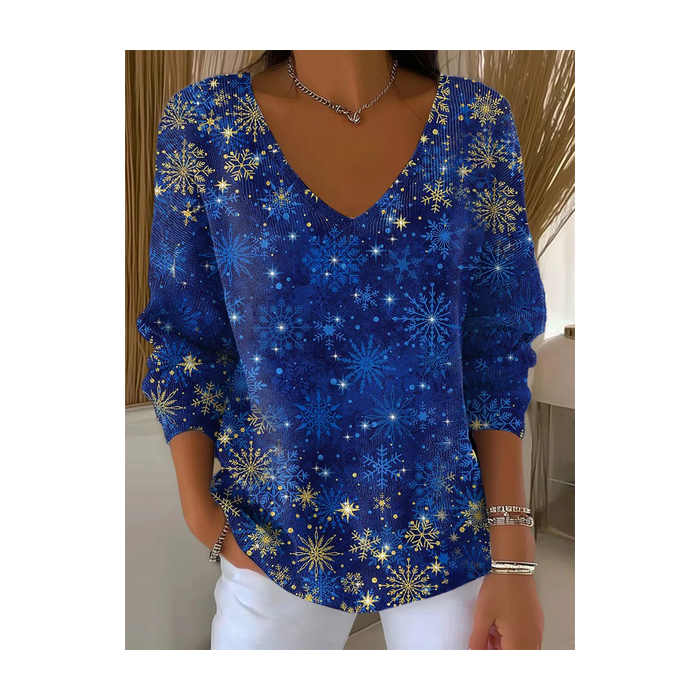Women Christmas Long Sleeve Tee T-shirt V Neck Printing Casual Spring/Fall Top