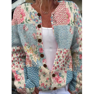 Women Floral Printing Long Sleeve Crew Neck Vintage Spring/Fall Cardigan Outerwear