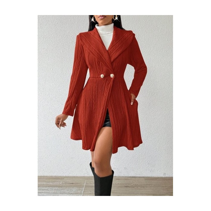 Women Autumn Outerwear Casual Jacquard Plain Long Sleeve Lapel Collar Jacket