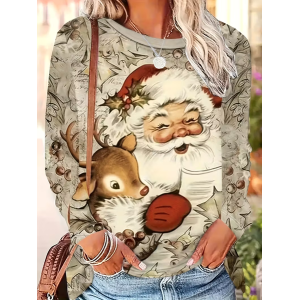 Women Santa Claus Long Sleeve Tee T-shirt Crew Neck Printing Casual Spring/Fall Graphic Tee Top