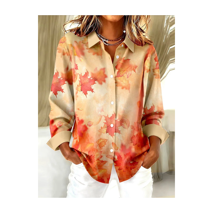 Women Maple Leaf Long Sleeve Shirt Spring/Fall Buckle Shirt Collar Regular Sleeve Daily Casual Top