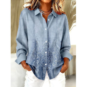 Women Floral Long Sleeve Shirt Spring/Fall Buckle Shirt Collar Regular Sleeve Daily Casual Top