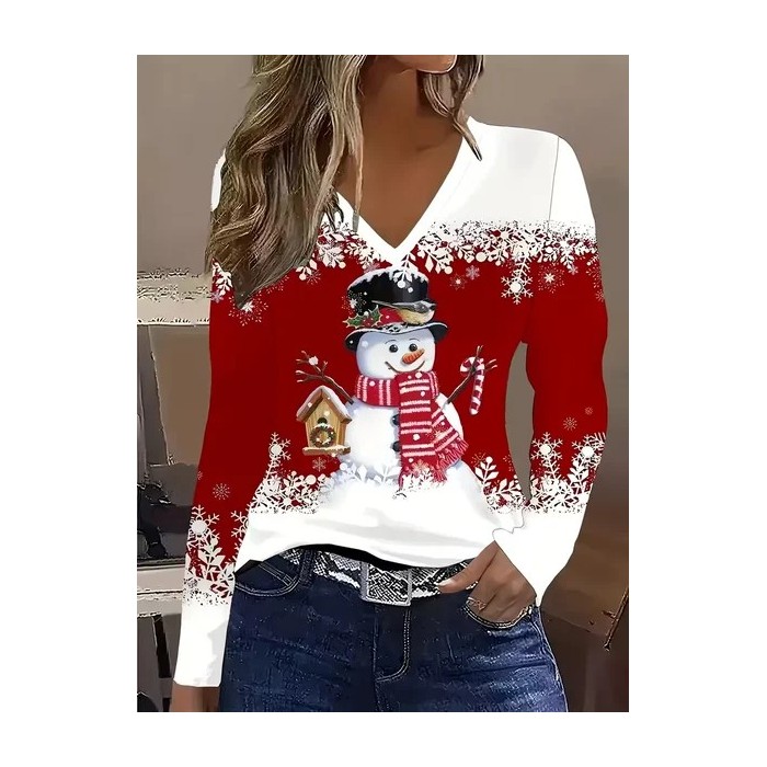 Women Christmas Snowman Long Sleeve Tee T-shirt V Neck Printing Casual Spring/Fall Graphic Tee Top
