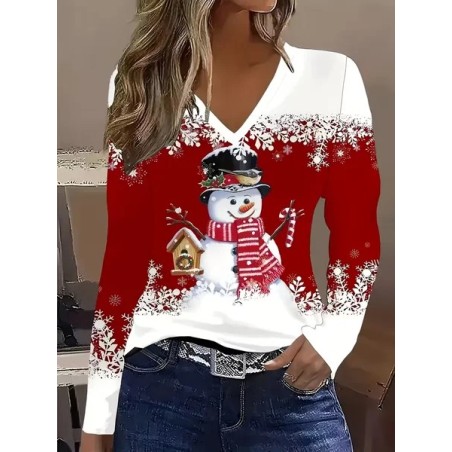 Women Christmas Snowman Long Sleeve Tee T-shirt V Neck Printing Casual Spring/Fall Graphic Tee Top