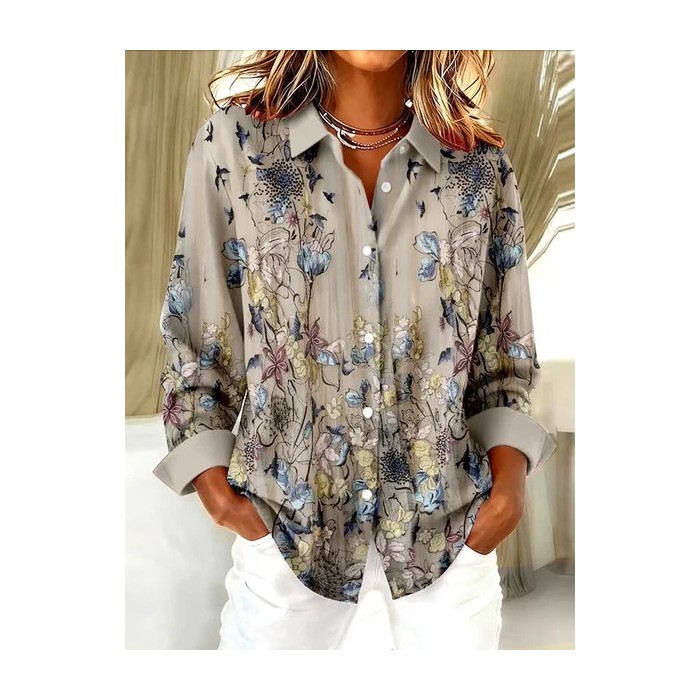 Women Floral Long Sleeve Shirt Spring/Fall Buckle Shirt Collar Regular Sleeve Daily Casual Top
