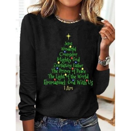 Women's T shirt Tee Black Christmas Tree Text Print Long Sleeve Christmas Crew Neck T-Shirt