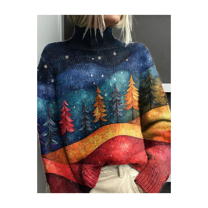 Women Christmas Printing Spring/Fall Vintage Long Sleeve Turtleneck Sweater