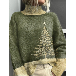 Women Christmas Printing Spring/Fall Vintage Long Sleeve Turtleneck Sweater