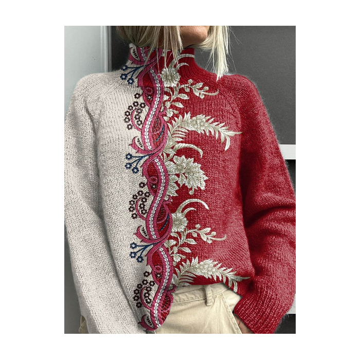 Women Floral Printing Spring/Fall Vintage Long Sleeve Turtleneck Sweater