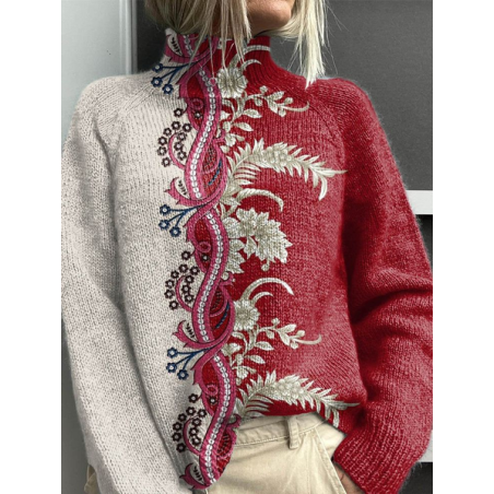 Women Floral Printing Spring/Fall Vintage Long Sleeve Turtleneck Sweater