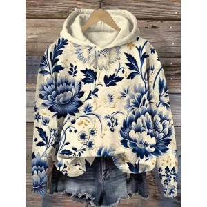 Women Floral Spring/Fall Printing Long Sleeve Casual Daily Hoodie