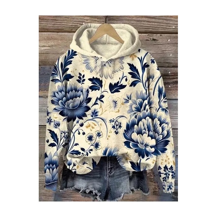 Women Floral Spring/Fall Printing Long Sleeve Casual Daily Hoodie