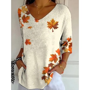Women Maple Leaf Three Quarter Sleeve Tee T-shirt V Neck Printing Casual Spring/Fall Graphic Tee Top